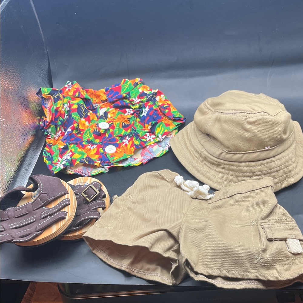 VINTAGE Build-A-Bear Hawaiian shirt bucket hat shorts & sandals 90s outfit